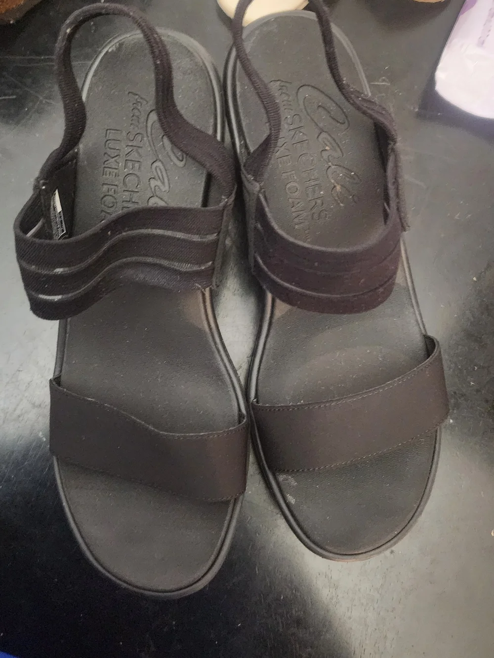 Skechers Women’s Black Elastic-Strap Wedge Sandals